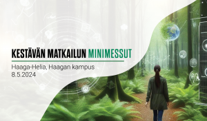 Nainen metsässä, jossa näkyy taustalla merkkejä virtuaalitodellisuudesta