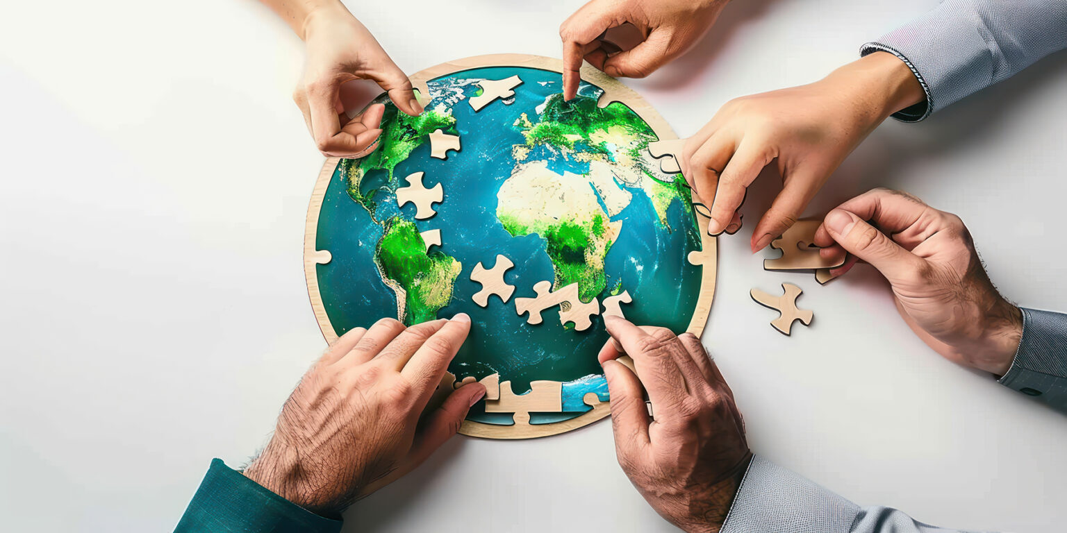 Multiple hands working together to assemble a round world map ji