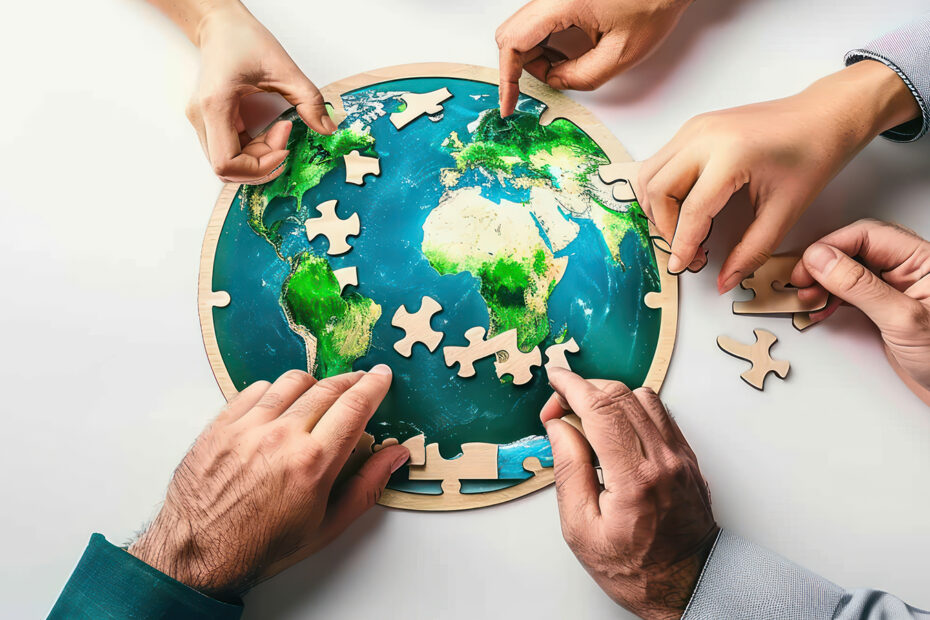 Multiple hands working together to assemble a round world map ji